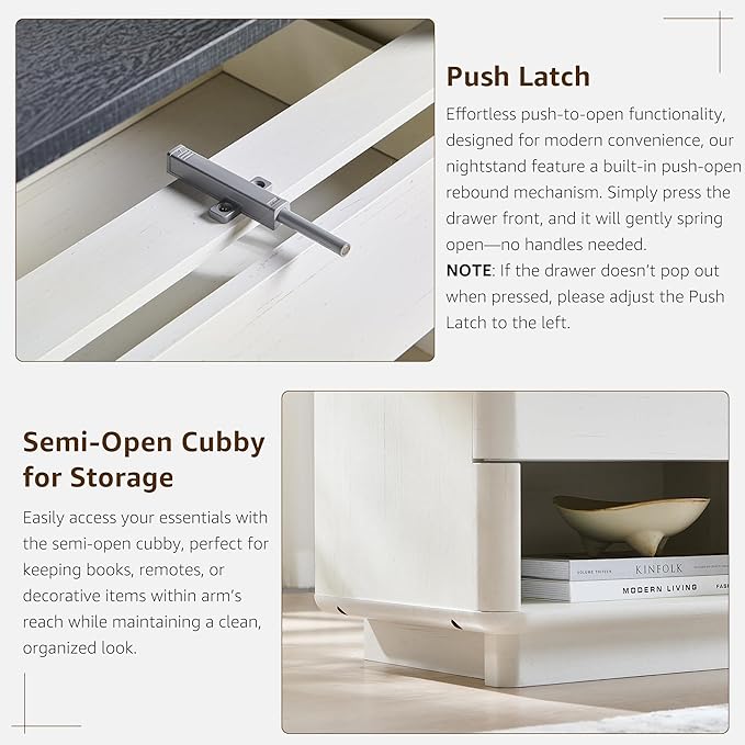 Nightstand Set of 2 with Charging Station, 22" Large Modern Bedside Table with 2 Drawers Storage,Push-to-Open End Table for Bedroom,Living Room,Off White-Ruum Studio Home