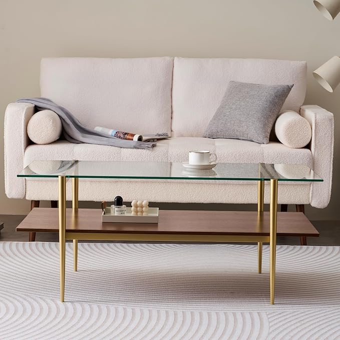 Rectangle Coffee Table, Mid-Century Modern Design, L41 W21 x H17, for Living Room, 2-Tier Structure, Clear Glass Top and Walnut MDF Shelf, Sleek Conical Metal Legs with Gold Finish-Ruum Studio Home