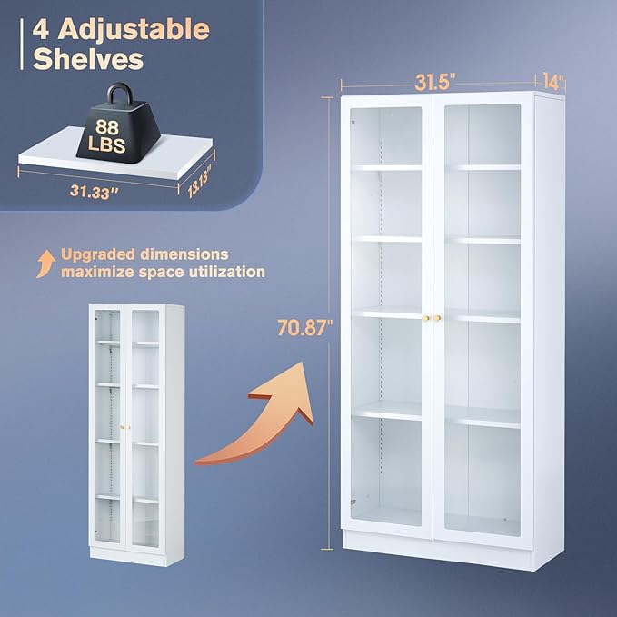 32" Wide Metal Storage Cabinet with Acrylic Doors and 4 Adjustable Shelves, 71" Tall Bookshelf, 5-Tier Freestanding Kitchen Pantry Cabinet with Anti-Tipping for Small Spaces/Kitchen/Living Room-Ruum Studio Home