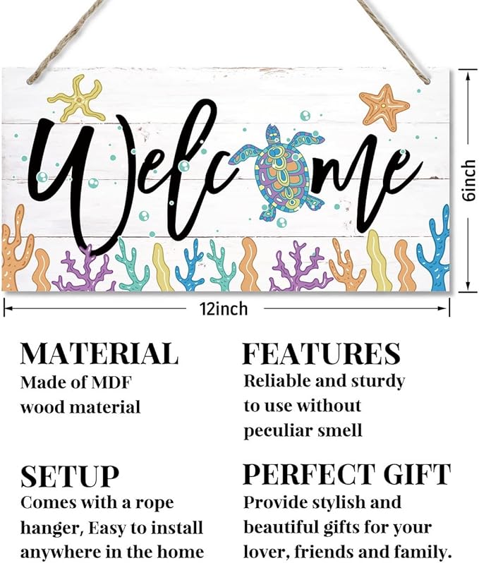 Welcome Decor Sign, Hanging Wood Sign Home Decorative, Printed Wood Wall Art Sign, Ocean Style Welcome Sign, Porch Decor, Farmhouse Front Door Wall Art Sign, Beach House Home Decor Sign 12 * 6inch-Ruum Studio Home