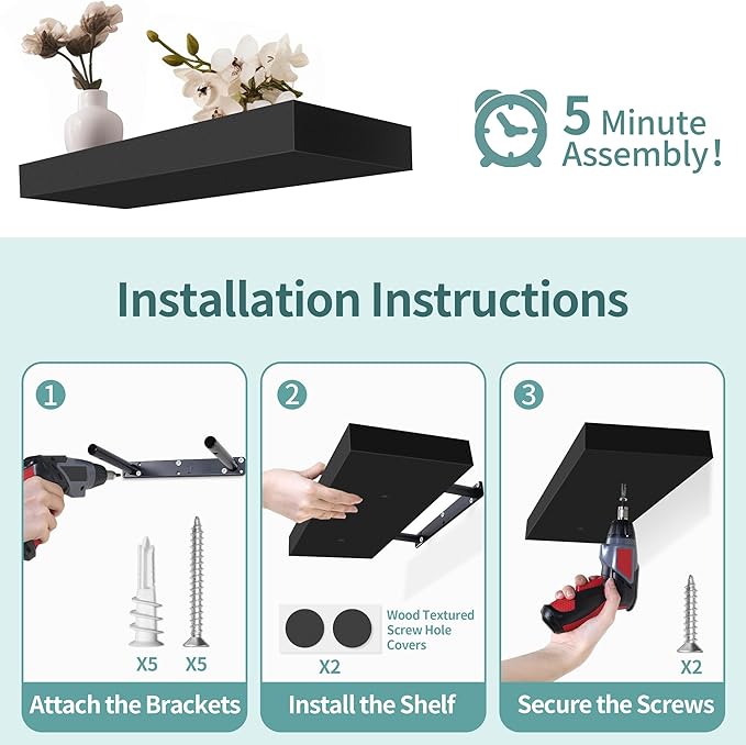 LaVie Home Floating Shelves, 47 Inch Wall Shelf Set of 2, Hanging Shelf with Invisible Brackets, Wall Decor for Bathroom, Bedroom, Living Room, Kitchen Storage,Classic Black-Ruum Studio Home