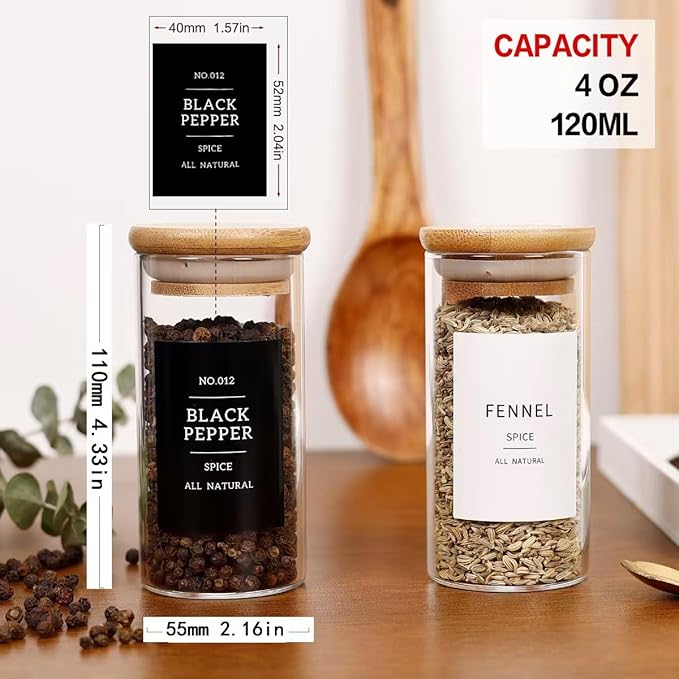 24 Pcs Glass Jars With 296 Spice Labels Preprinted of White and Black Color- 4oz Thicken(2.4mm) Empty Small Herb Seasoning Containers With Bamboo Airtight Lids-Ruum Studio Home