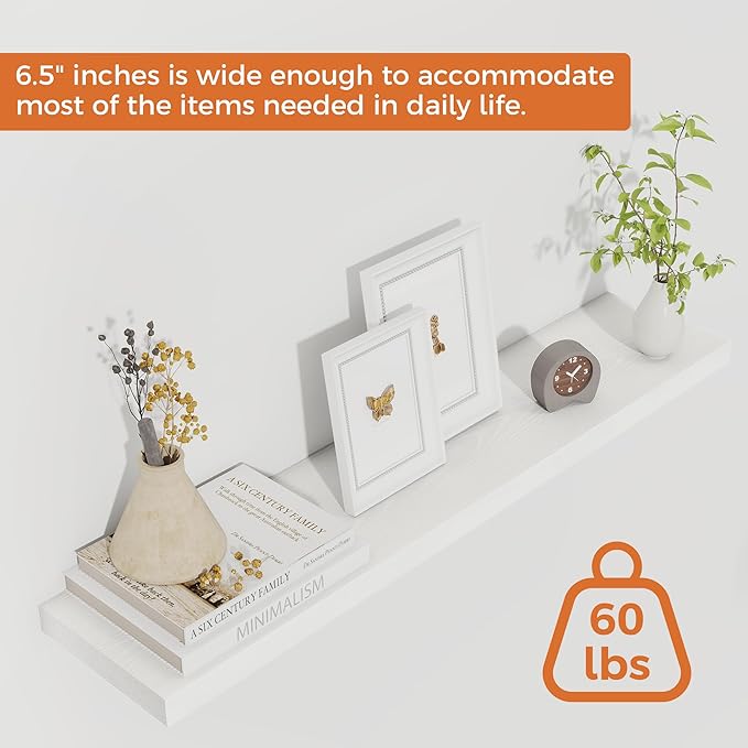 Fun Memories 32Inch Floating Shelves for Wall 2 Pack Wood Shelves for Kitchen, Bathroom, Bedroom Wall Mounted Rustic Wood Floating Shelf with Invisible Brackets for Books, Storage, Decor, White-Ruum Studio Home