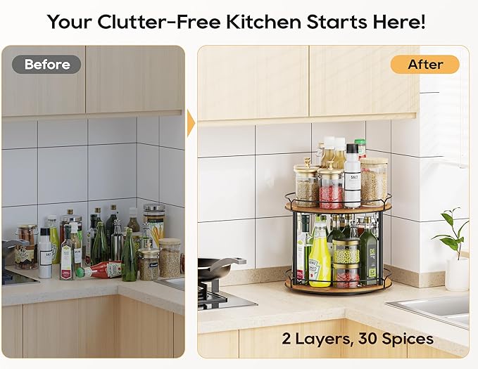 12.4" Lazy Susan Organizer 2 Tier - Rotating Spice Rack, Wooden Spinning Spice Holder for Inside Cabinet, Pantry, Kitchen, Countertop, Bathroom and Vanity, Versatile Storage-Ruum Studio Home