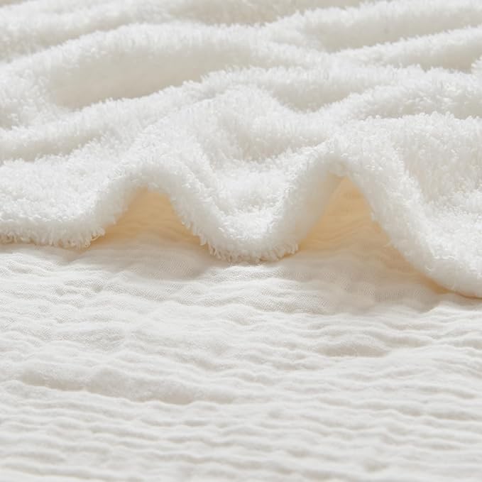 EMME Muslin and Fleece Twin Blanket Reversible - 60"*80" Cream Soft Warm Throw Blankets for Couch Bed Picnic Travel Bed-Ruum Studio Home