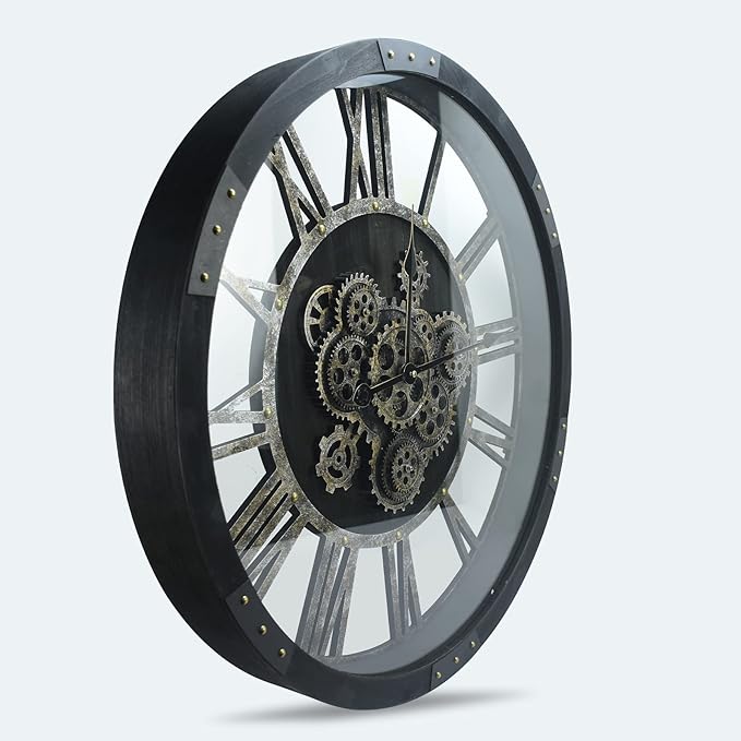 27 inch Large Real Moving Gears Wall Clock with Toughened Glass Cover, Oversized Solid Wood Retro Farmhouse Clock, Giant Decorative Rustic Wall Clock for Living Room Home Kitchen Office (Black)-Ruum Studio Home
