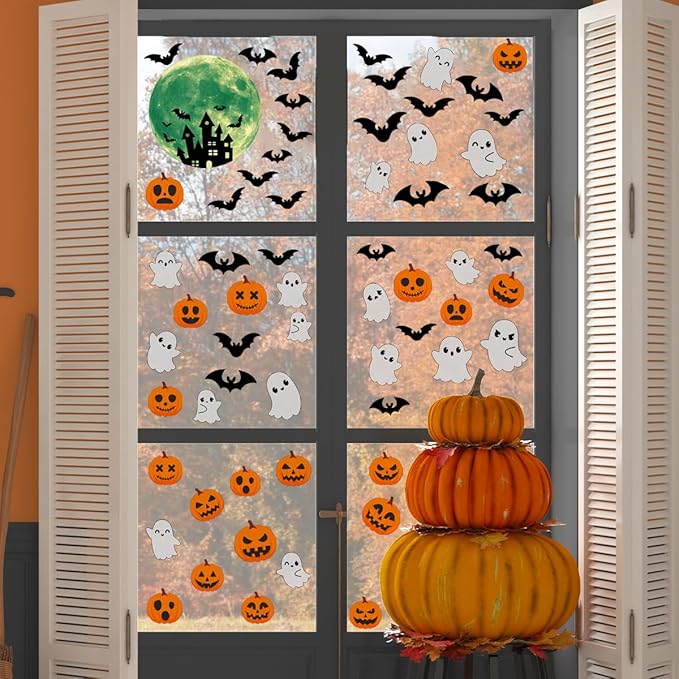 6 Sheets Halloween Window Clings Halloween Window Stickers Double-Sided Removable Castle Pumpkin Ghost Bat Window Decals Decor for Scary Halloween Theme Party Decorations-Ruum Studio Home