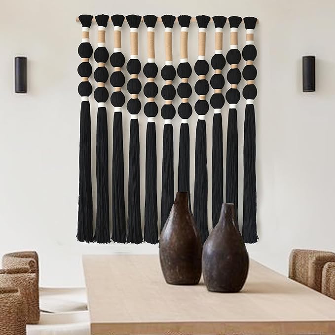 Macrame Wall Hanging Boho Wall Decor Black Fiber Yarn Wall Art Handmade Cotton Spherical Knot for Living Room Bedroom Nursery Office Home Decor27" W x 33" L-Ruum Studio Home