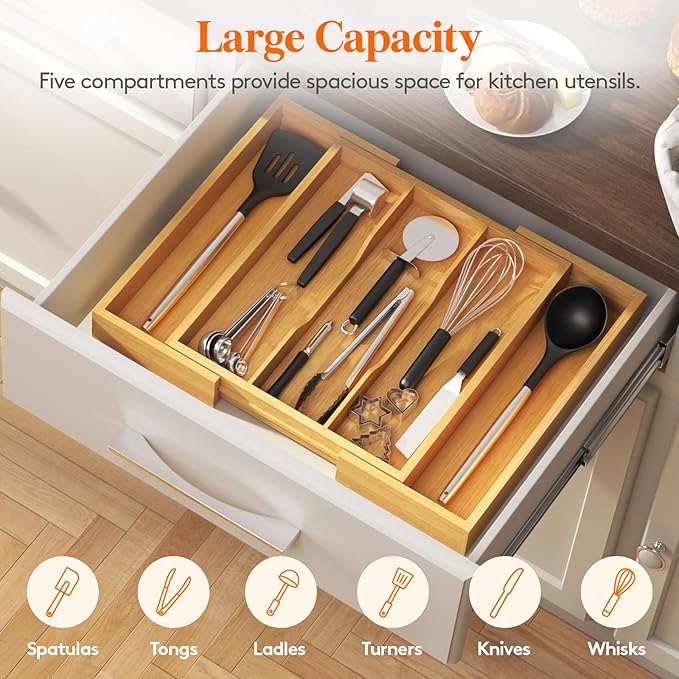 Lifewit Utensil Organizer for Kitchen Drawer, Expandable Cooking Utensil Tray, Bamboo Cutlery Silverware Flatware Holder, Adjustable Spatula Tools and Gadgets Storage Divider, Large, Natural-Ruum Studio Home
