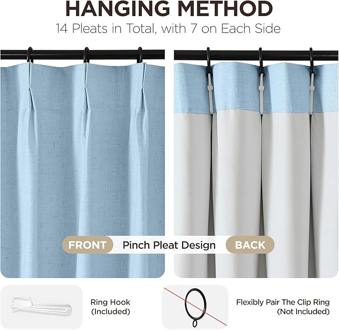 Joydeco Pinch Pleated Linen Curtains Darkening Drapes for Bedroom, 100% Blackout Drapes 96 inches Long 2 Panels Heat Blocking Curtains(Chambray Blue,40'' Wx96'' L)-Ruum Studio Home