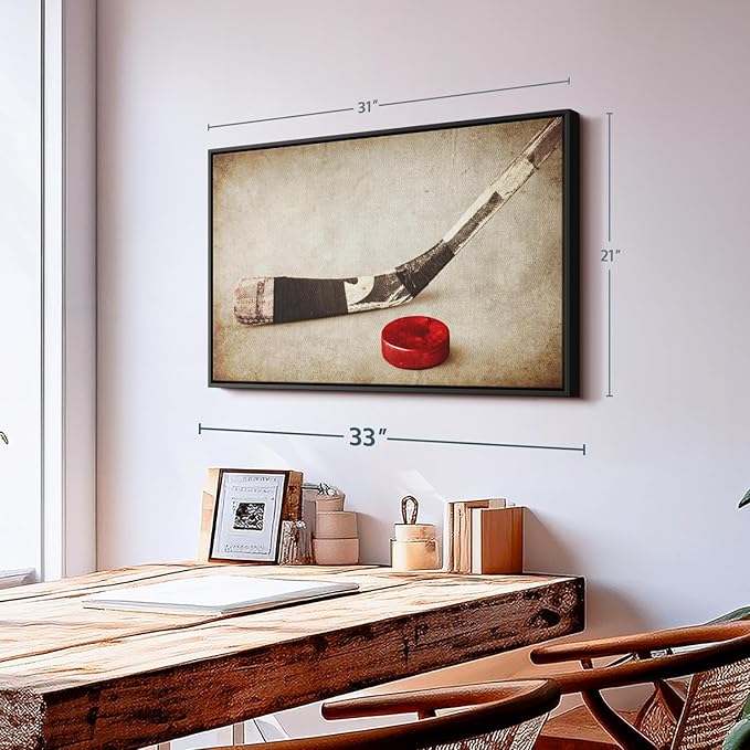Elephant Stock Vintage Ice Hockey Wall Art - Horizontal Framed Canvas - 1-Piece Hallway Wall Decor - Photography Sports Canvas Print - Brown and Beige Decor for Wall - 31" X 21"-Ruum Studio Home
