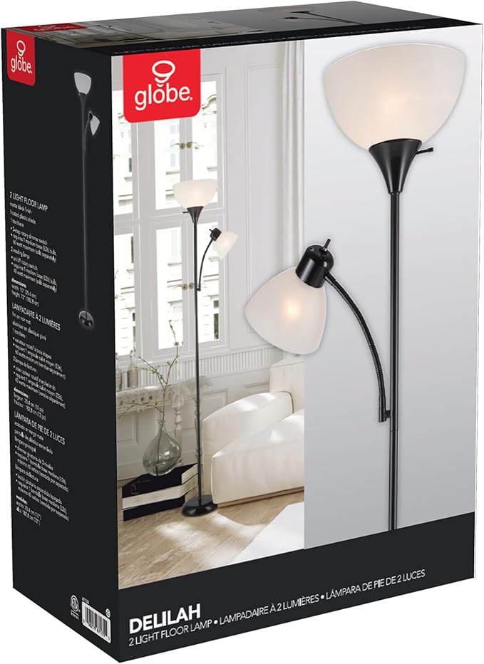 GLOBE Electric 67135 72" Torchiere Floor Lamp and Adjustable Reading Light, Matte Black, Frosted Shade, Dual Rotary Switch, 3-Step Dimming, Modern Lighting for Living Room or Office-Ruum Studio Home