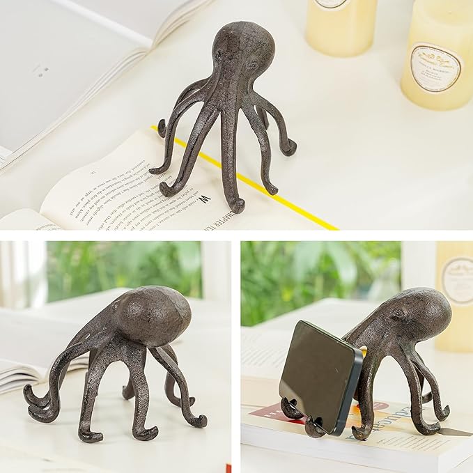 Sungmor Cast Iron Octopus Statue, Decorative Bookend, Cute Sculpture on Bookshelf or Desk, Creative Cell Phone Holder, Octopus Stand for Tablet, Black Brown-Ruum Studio Home