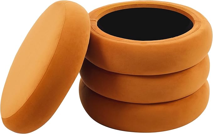 ONEVOG Round Storage Ottoman, 20" Small Ottomans Table with Removable Lid, Velvet Fabric Soft Footrest Stools for Couch, Upholstered Stuffed Circle Seat for Living Room/Bedroom/Dorm/Vanity, Orange-Ruum Studio Home