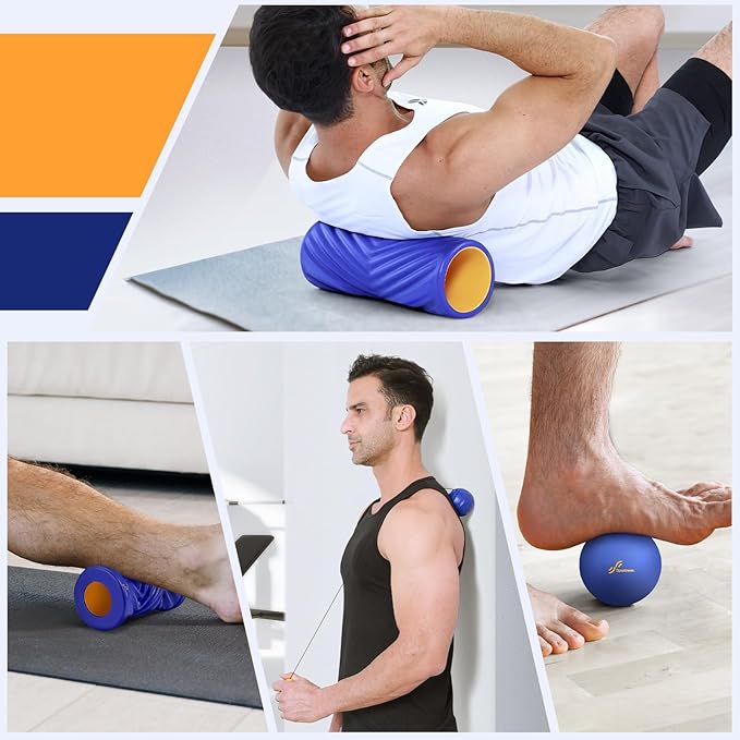 Sportneer 4 in 1 Foam Roller Set: Dual Textures Foam Roller, Foot Roller, Lacrosse Ball, Traction Massage Ball with String, Deep Massage Roller for Whole Body Release, Physical Therapy-Ruum Studio Home