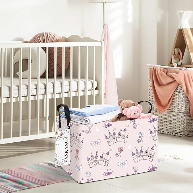 FANKANG Storage Bins, Nursery Hamper Canvas Laundry Basket Foldable with Waterproof PE Coating Large Storage Baskets for Kids Boys and Girls, Office, Bedroom, Clothes,Toys(Rec-Princess Castle-Ruum Studio Home