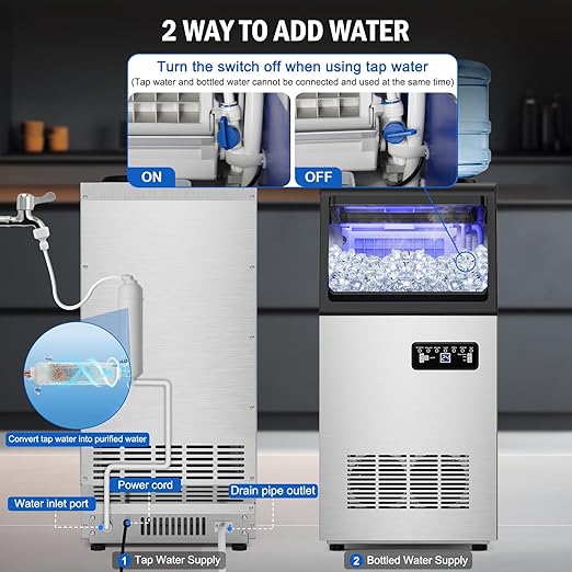 Commercial Ice Maker Machine 130 LBS/24H, 45 Ice Trays Freestanding & Undercounter Ice Machine Stainless Steel with 20 LBS Ice Storage Capacity, Ice Maker with Water Line and Filter, Dual Water Inlet-Ruum Studio Home