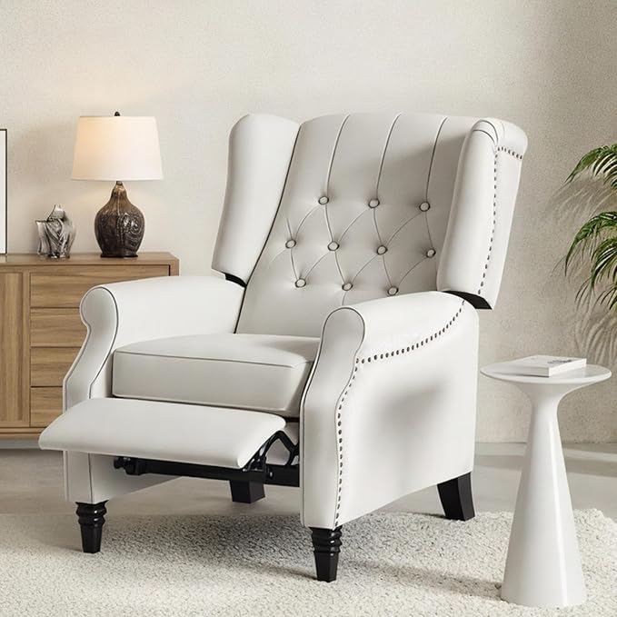 Softa Recliner Chair for Adults, Mid Century Wingback Pushback Accent Chair with Rivet Decoration, Tufted Upholstered Single Sofa Armchair for Living Room, Bedroom, Study (Fabric, Cream)-Ruum Studio Home