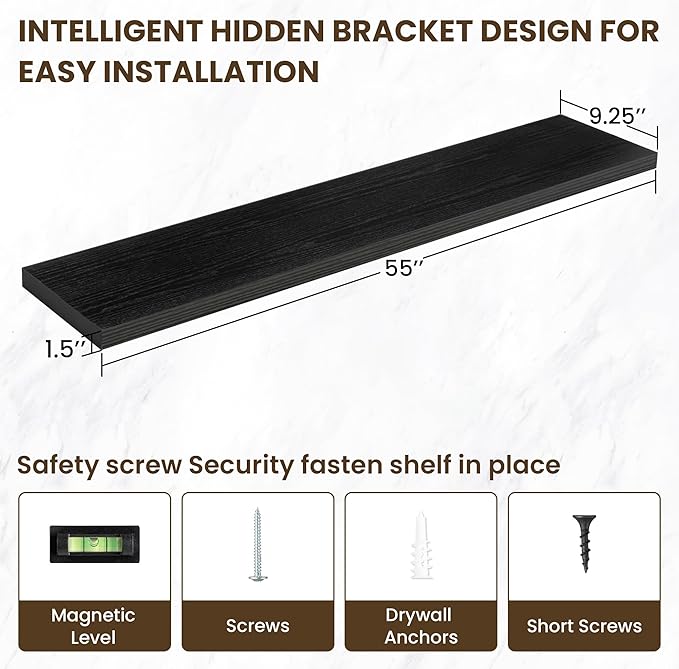 55 Inch Floating Shelves, 55"x9.25"x1.5" Inch Deep Floating Shelves for Wall, Wooden Shelves for Bathroom, Bedroom, Living Room, Black-Ruum Studio Home