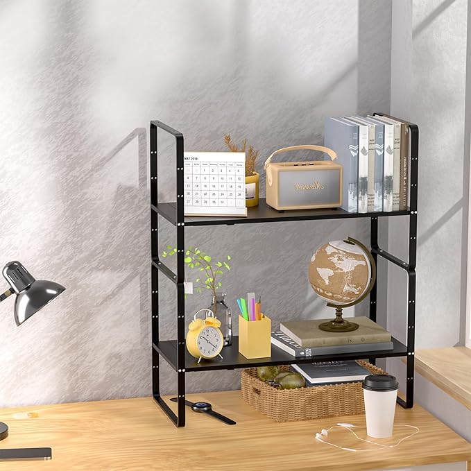 iPEGTOP Expandable Cabinet Storage Shelf Organizer, Heavy Duty Steel Metal Spice Rack Adjustable Height Home Office Garage Pantry Shelf Space Riser for Counter Kitchen Organization, Black, 1 Pack-Ruum Studio Home
