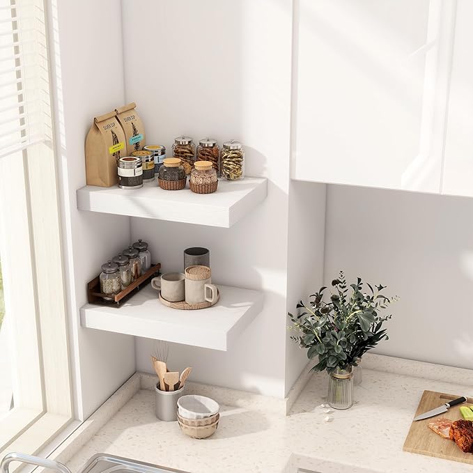 12 Inch Deep White Floating Shelves, 16 x 12 Floating Shelf for Books, Rustic Wood Deep Wall Shelves for Home Storage & Display, 2" Thicked Shelves for Kitchen, Living Room, Bedroom, 2 Pack-Ruum Studio Home