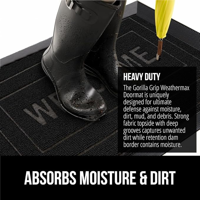 GORILLA GRIP 100% Waterproof All-Season WeatherMax Doormat, 47x35, US Designed Natural Rubber, Stain and Fade Resistant, Low Profile Indoor Outdoor Door Mats, Easy Clean Patio Mat, Black Welcome-Ruum Studio Home