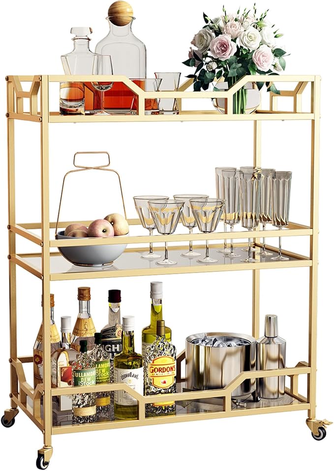 Square Gold Bar Carts with 3 Tier Storage Glass Shelves Holder Home Serving Bar Carts on Wheels for Kitchen, Bar, Dinning Room-Ruum Studio Home