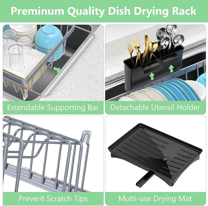 LEMIKKLE Expandable Dish Drying Rack- Space-Saving Dish Rack, Dish Drainers for Kitchen Counter with a Cutlery Holder, Over The Sink Dish Racks Fit for 14’’-19’’ Kitchen Sink Grey-Ruum Studio Home