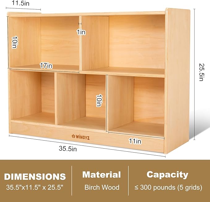 wingyz Wood Storage Shelf Organizer, 35.4" L, 5-Section Montessori Kids Toy & Book Shelf, Wooden Cabinet for Kids Rooms, Playroom, Classroom, Nursery, Preschool Furniture - Nature-Ruum Studio Home