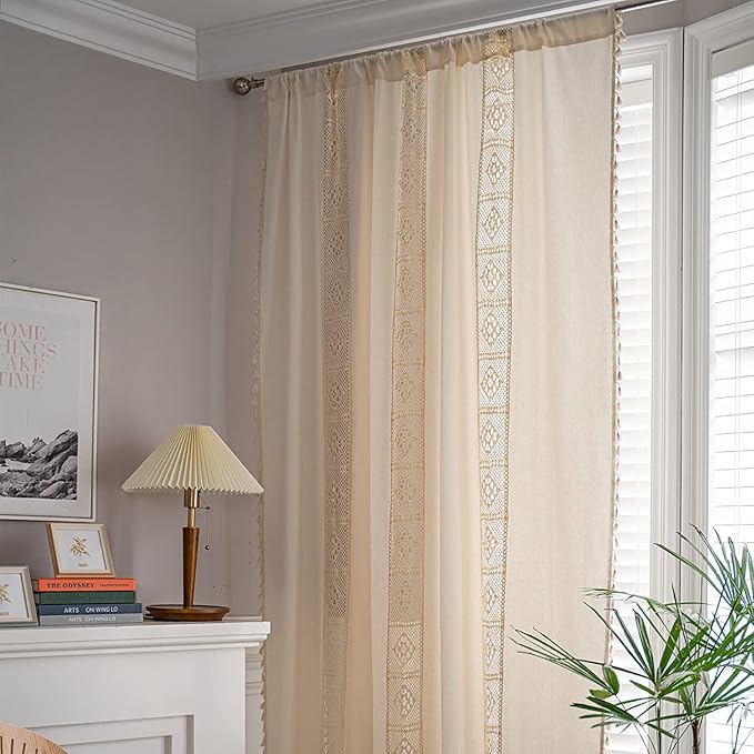 Sutuo Home Boho Curtain Crochet Lace Patchwork Semi-Blackout Bohemian Handmade Tassels, Rod Pocket Window Treatment Vintage Rustic Farmhouse Drapes for Bedroom, 1 Panel 59" W x 108" L, Beige-Ruum Studio Home
