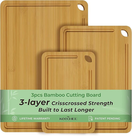 Wood Cutting Board for Kitchen - Reversible Bamboo Cutting Boards Gift Set of 3 with Juice Groove, Wooden Chopping Board for Meat, Fruit, Vegetables & Cheese (Pre Oiled, Natural)-Ruum Studio Home
