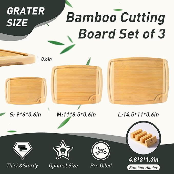 Bamboo Cutting Board Set Non Slip Feet with Holder Over Sink Tablas Para Picar Cocina Tabua Madeira Corte Carne Bambu Alimentos Cortar Madera Juego Regalos Cumpleaños Navidad Mujer Mama Abuela Papa-Ruum Studio Home