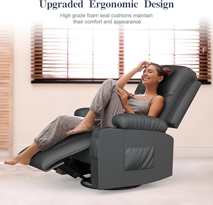 Recliner Chairs for Adults, Massage Rocker with Heated Modern Ergonomic Lounge 360 Degree Swivel Single Sofa Seat Living Room Lounge Recliners Gray-Ruum Studio Home