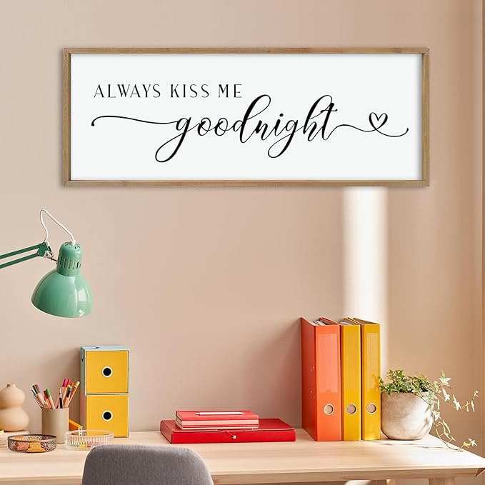 comurdyo Always Kiss Me Goodnight Sign for Bedroom Above bed Wall Decor 40''×15'' Large Wood Frame For Couples Over Bed Hanging Wall Art (Wood)-Ruum Studio Home