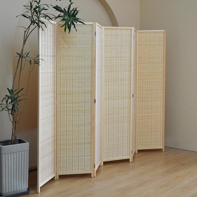 6 Panel Folding Room Divider Screen, Bamboo, for Separation, Beige, 67" H x 92.1" W-Ruum Studio Home