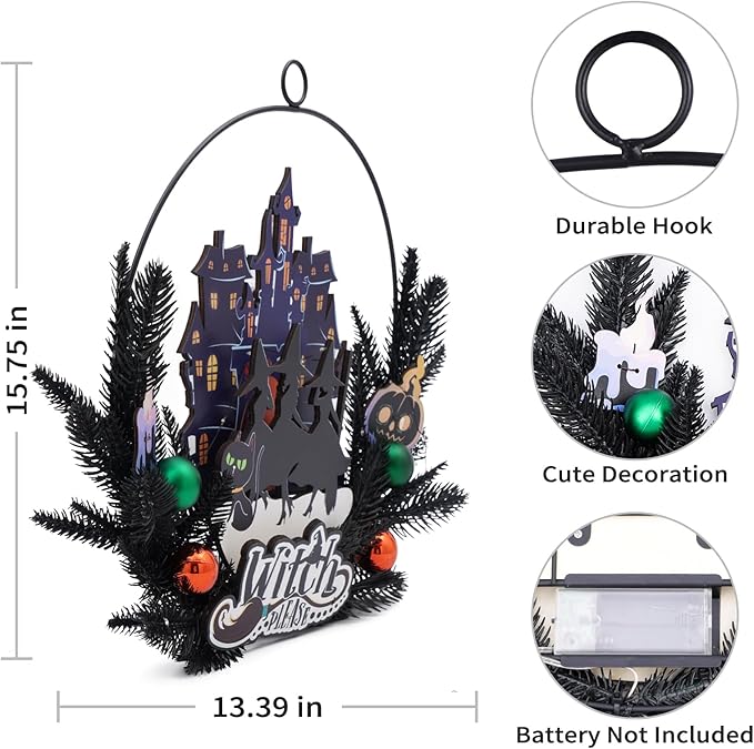 Lighted Halloween Wreaths for Front Door, Welcome Metal Wooden Door Wreath Decor Hanging Sign, 30 LED Lighted Wall Decor Battery Operated for Halloween Indoor Outdoor (Witch)-Ruum Studio Home