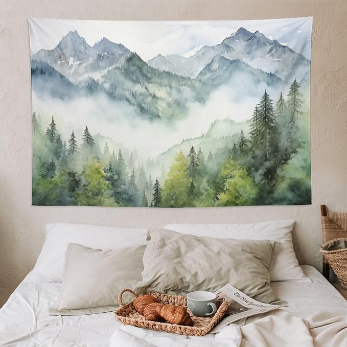HZOHNAGO Mountain Tapestry Misty Green Forest Mountain Pattern Printed Wall Tapestry Wall Hanging for Bedroom Living Room Dorm 90" W x 60" H-Ruum Studio Home