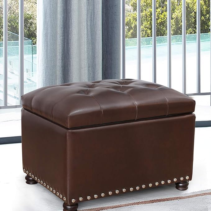 24'' Leather Storage Ottoman Rectangular Foot Rest Stool with Nailhead Trim for Bedroom Living Room(Dark Brown)-Ruum Studio Home