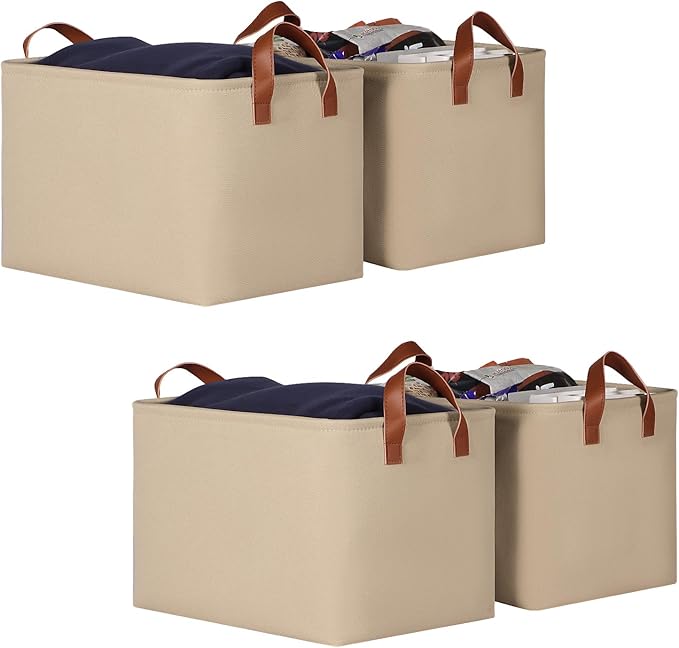 KEEGH Storage Baskets for Organizing, Fabric Storage Bins for Shelves with Leather Handle, Shelf Baskets for Closet Organization, 15" L x 11" W x 10" H, Brown, 4 Pack-Ruum Studio Home