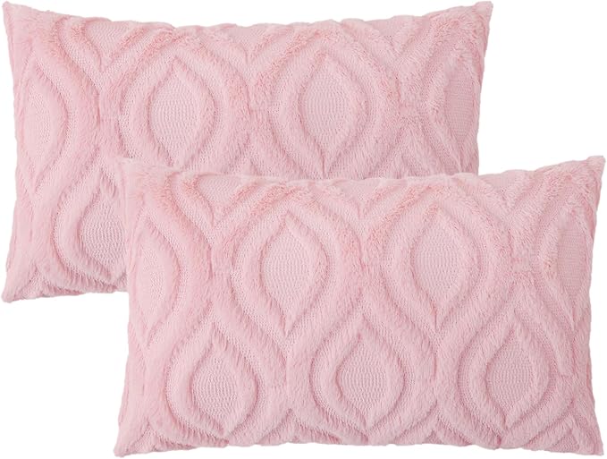 decorUhome Throw Pillow Covers 12x20 Inch Set of 2, Soft Plush Decorative Faux Fur Light Pink Solid Couch Pillow Covers, Accent Farmhouse Neutral Lumbar Euro Pillow Cases for Sofa Bed Living Room-Ruum Studio Home