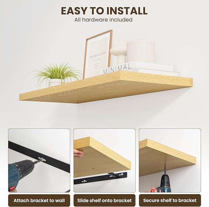 32" Floating Shelves for Wall, 12" Deep Slim Oak Floating Shelves, Wall-Mounted Shelves for Bedroom, Living Room, Kitchen, Bathroom - Set of 2-Ruum Studio Home