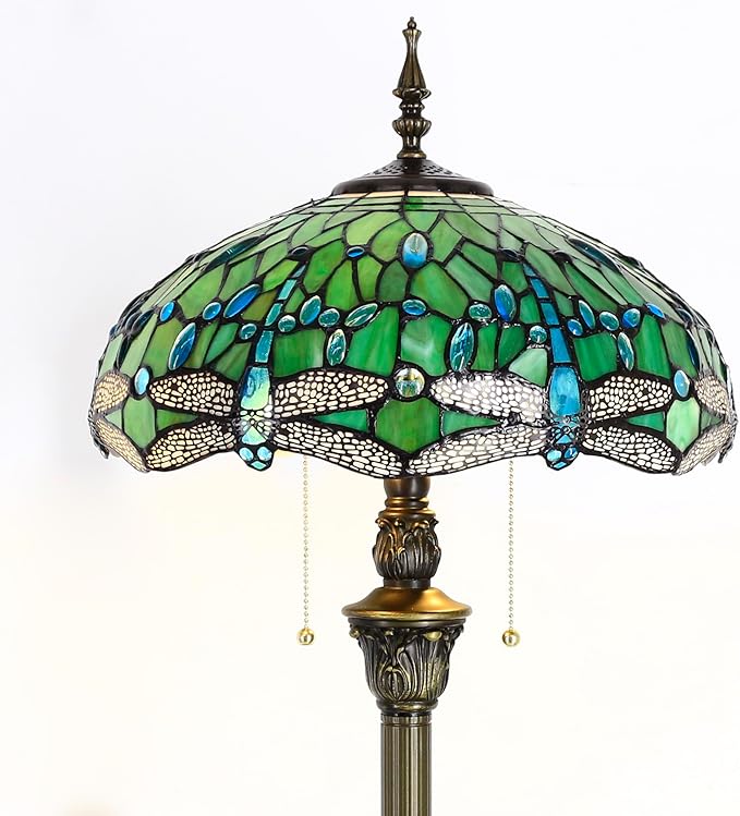 Tiffany Floor Lamp Stained Glass Lamp Standing Reading Light 16x16x70 Inch for Living Room (Green Dragonfly)-Ruum Studio Home