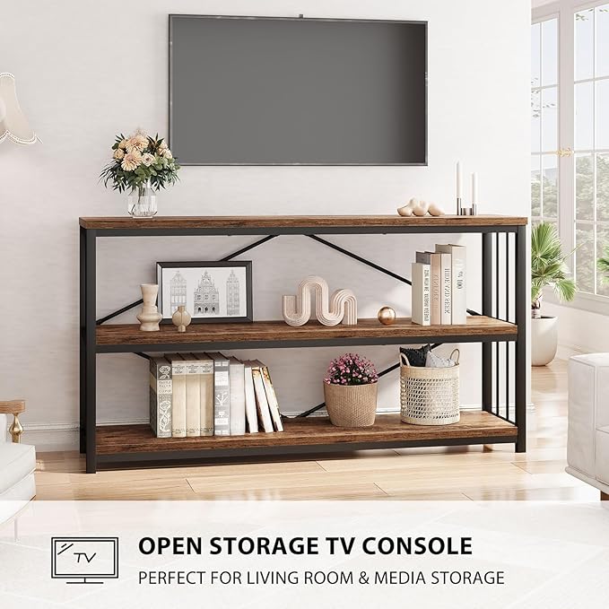 LVB Industrial Console Entryway Table, Metal Wood Rustic Sofa Table with Storage, Farmhouse 3 Tier Shelf Long Hallway Foyer Entry Tables Behind Couch for Home Living Room Entryway, Rustic Brown, 55 In-Ruum Studio Home