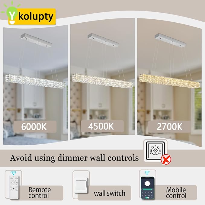 W48 Modern Rectangular Crystal Chandeliers Dining Room Chandelier,Silver Pendant Light Fixture with Remote Control for Living Room Kitchen Island-Ruum Studio Home