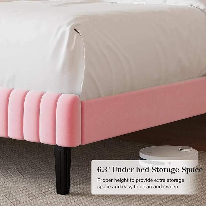 Twin Size Bed Frame, Velvet Upholstered Platform Bed with Vertical Channel Tufted Headboard and Footboard, No Box Spring Required, Easy Assembly, Pink-Ruum Studio Home