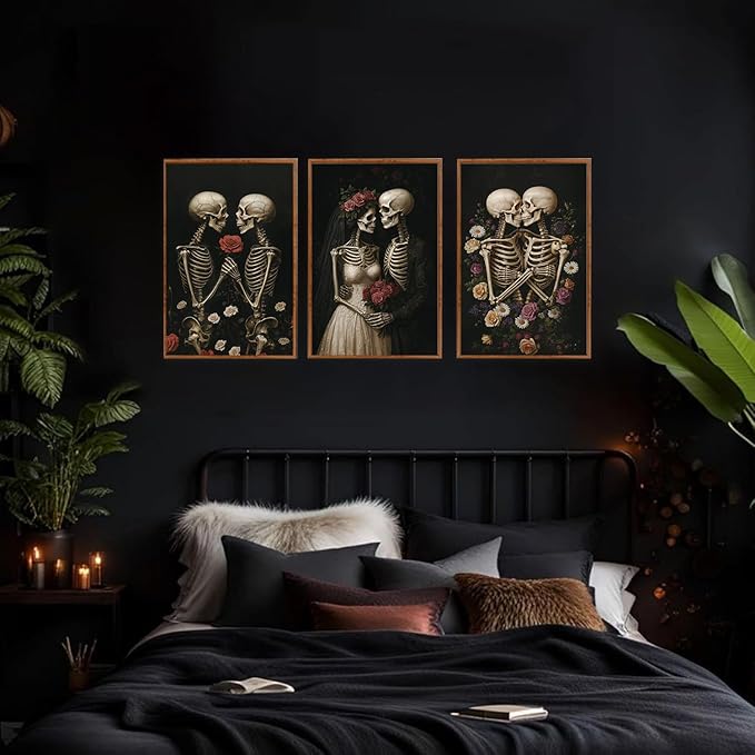 HLNIUC Halloween Rose Wedding Framed Wall Art,Vintage Skeleton Rose Canvas Prints,Abstract Romantic Theme Wall Decor Set of 3(16”x24”)Dark Romance Framed Painting,Roses Skull Art Print for Living Room-Ruum Studio Home