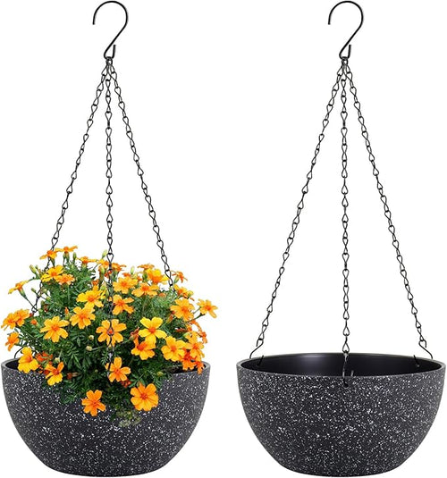 10 inch Hanging Planters for Indoor Outdoor Plants, 2 Pack Hanging Flower Plant Pots with Drainage Holes and Chain for Garden Porch, Plastic Hanging Baskets for House Plants, Speckled Black-Ruum Studio Home