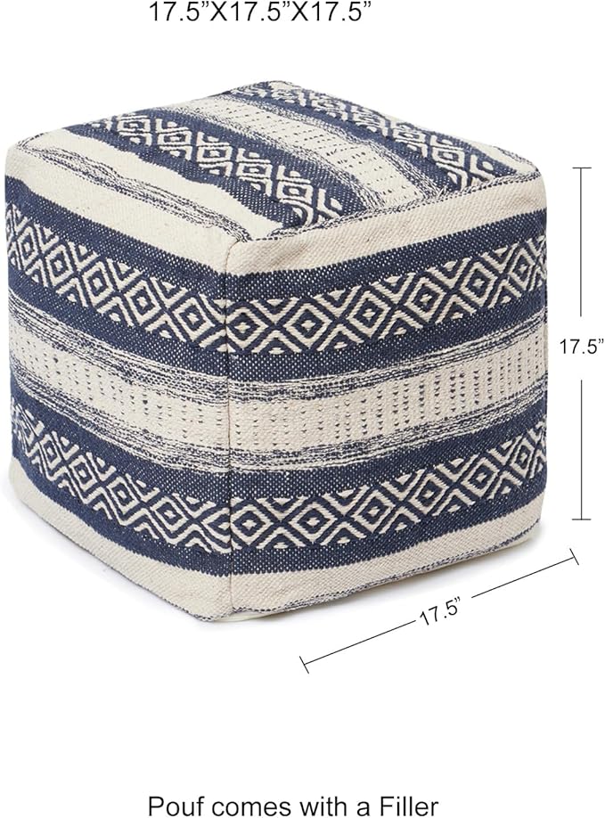 REDEARTH · Tufted Pouf Ottoman with Filler Textured Storage Cube Bean Bag Pouffe Footrest for Living Room, Bedroom, Nursery, Home Decor; 100% Cotton (17.5"X17.5"X17.5", Indigo Impressions)-Ruum Studio Home