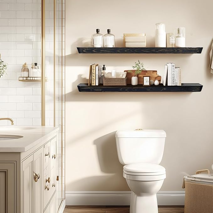 36"x6.8"x1.6" Slanted Floating Wall Shelves 2-Pack - Rustic Black Finish, Heavy-Duty Solid Wood Design with Hidden Brackets - Perfect for Living Room, Kitchen, Bathroom, or Office-Ruum Studio Home