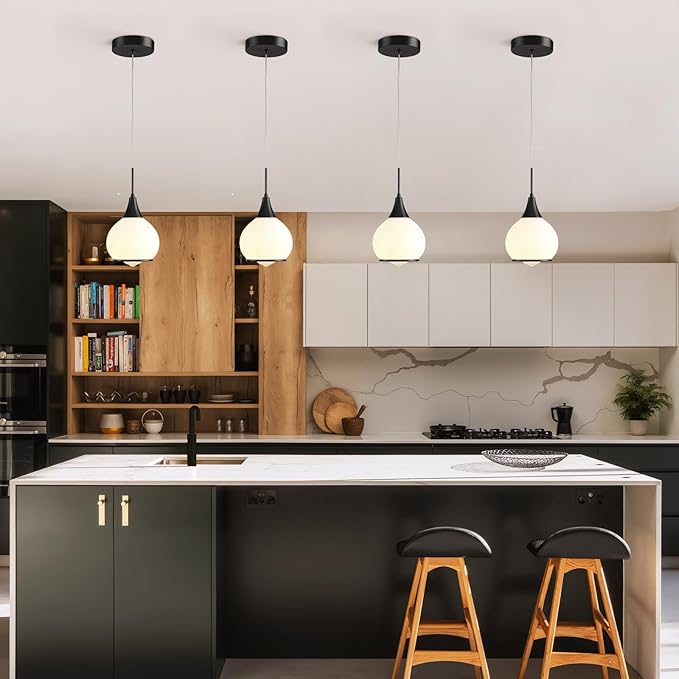 Pendant Light Fixtures Kitchen: Matte Black Farmhouse Island Light with Clear Glass - 6 Inch Mid Century Globe Kitchen Lighting Chandeliers Ceiling for Dining Room-Ruum Studio Home